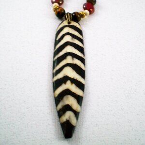Ethnic Batiked Chevron Bone Spear Necklace; Hand Beaded, Ethnic Pendant